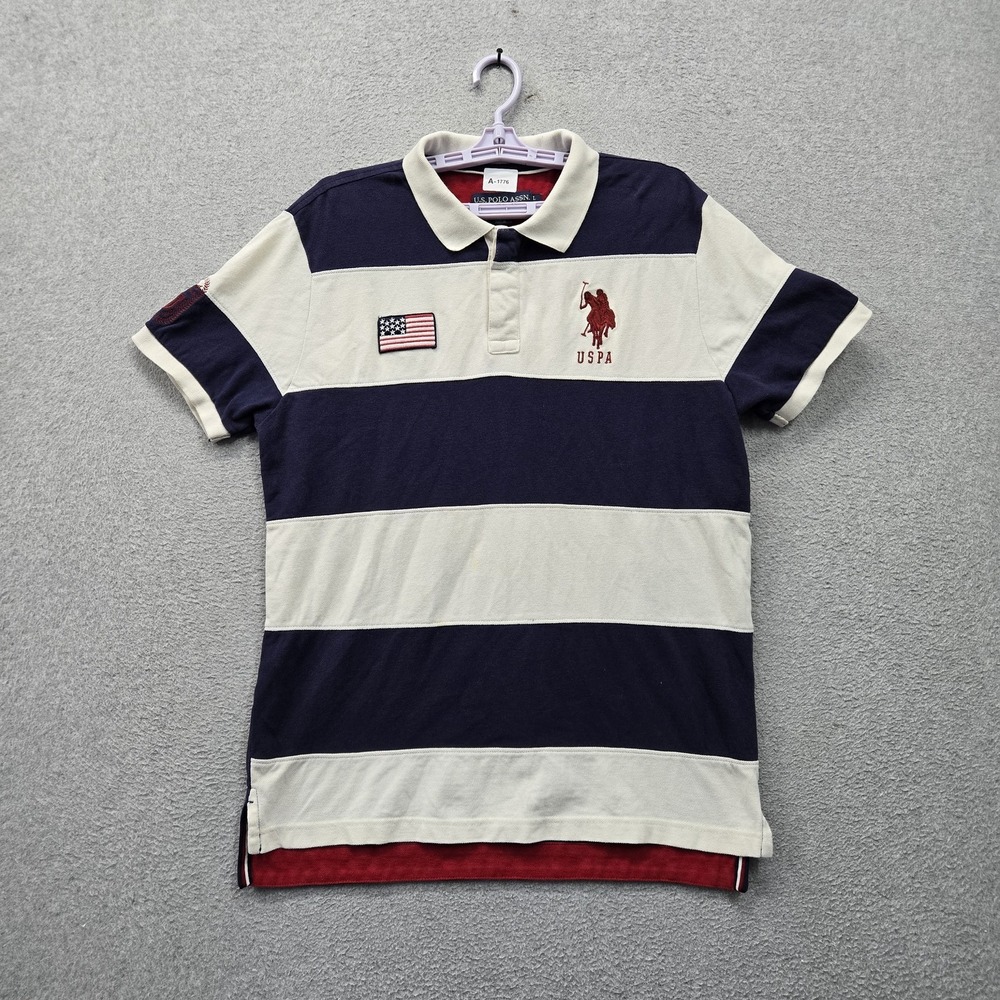 U.S. Polo Assn. Men Polo L Navy Embroidered Striped Flag Logo Rugby Shirt